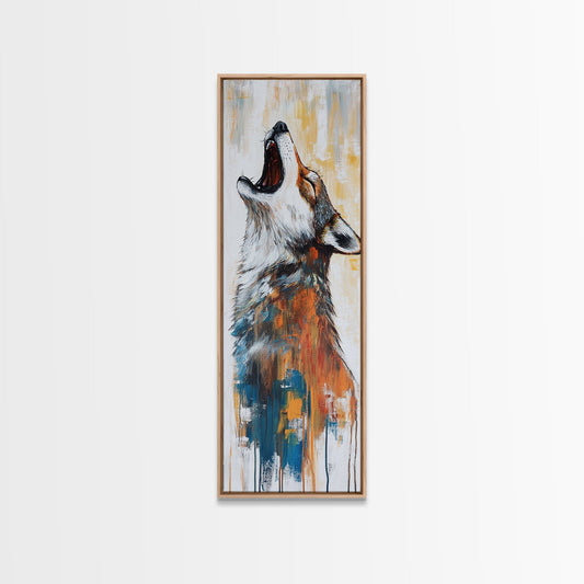 Abstract Wolf Yawning Canvas Print wabi sabi art, tall narrow art, contemporary wall art, modern rustic decor, extra wide art, bold color painting, vertical wall art, wildlife painting, rustic art