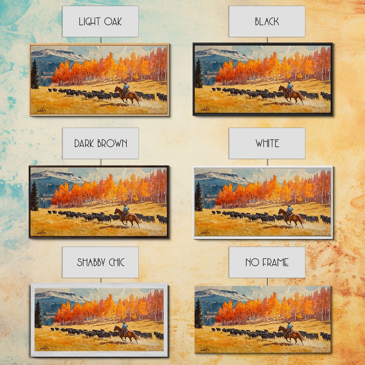 Cowboy Herding Cattle Under Mountains Framed Canvas Print Tall Art Autumn Country Landscape Fall Decor Western Wall Art Farmhouse Gift Idea