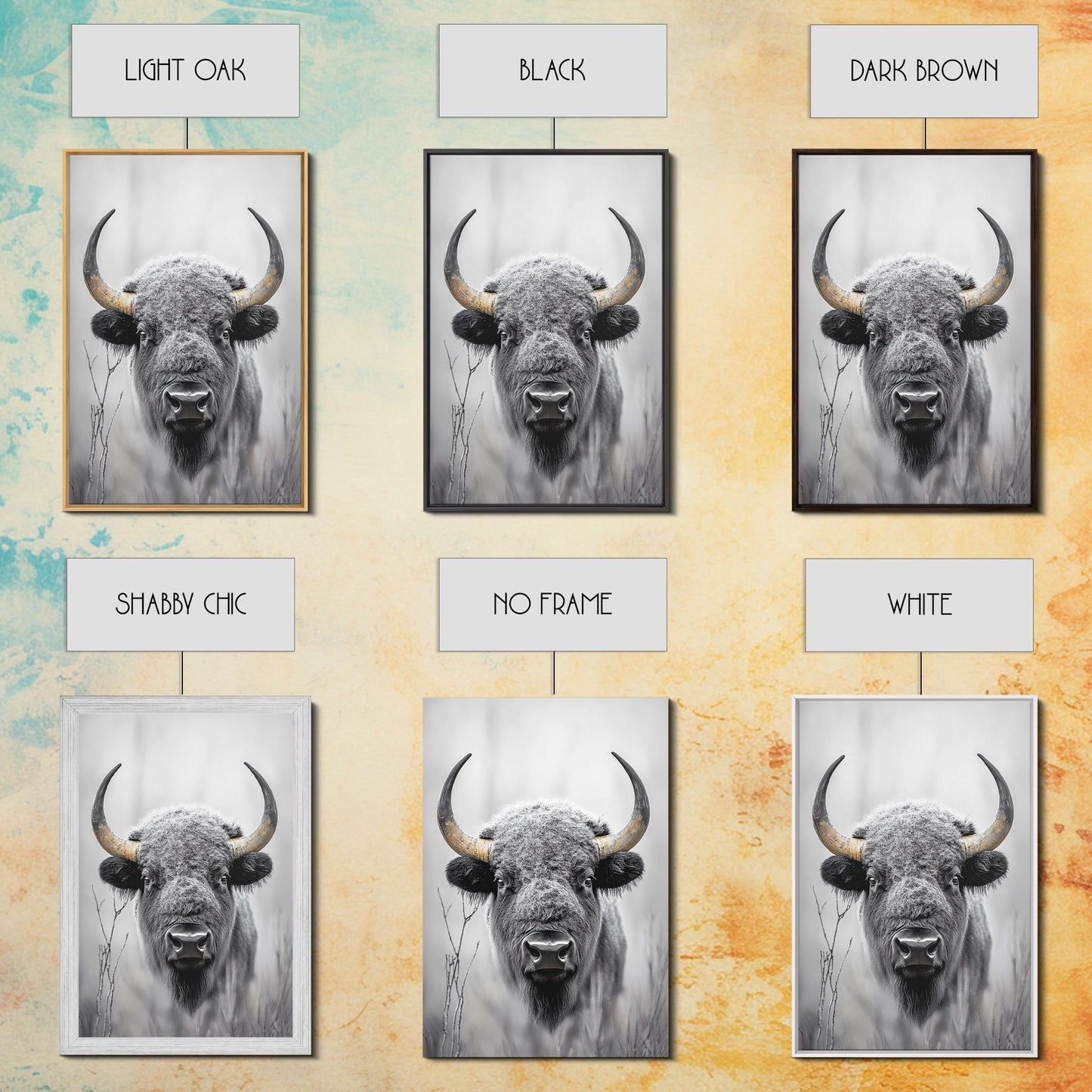 Bison, buffalo art, wildlife painting, framed canvas print, rustic decor, western wall art, moody nature, farmhouse animal art, southwest