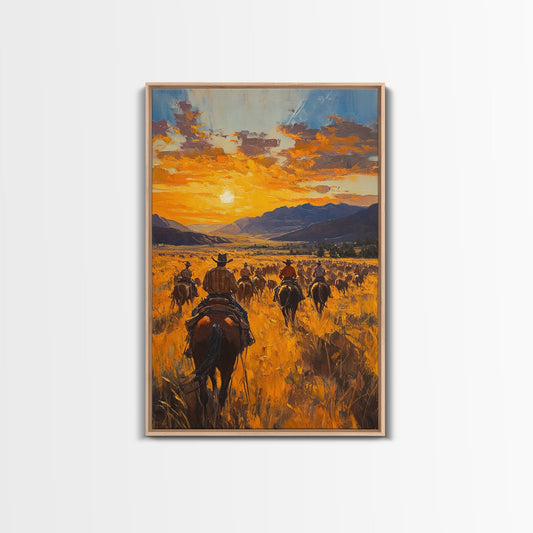 Cowboy Riders at Dusk Framed Canvas Print, Warm Sunset Western Scene with Riders on the Plains, Fall Decor Ranch Homes and Country Wall Art