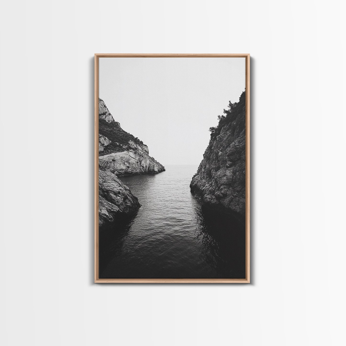 Cliffs, Ocean, Channel, Serenity - Dramatic rocky inlet view, Framed Canvas Print, ideal bathroom or hallway wall art, nature lover minimalist