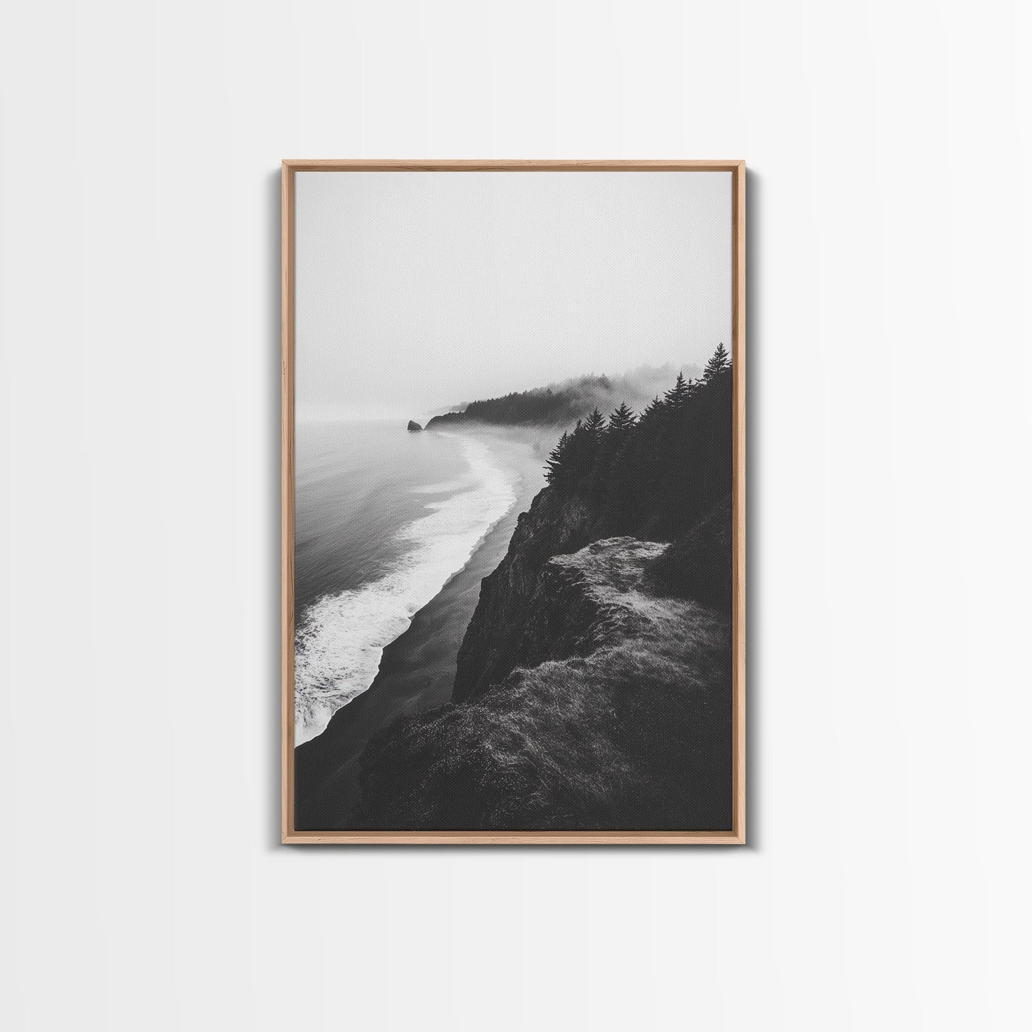 Misty Coastline, Pine Forest, Foggy Morning, Framed Canvas Print, Moody Nature Decor, Living Room Wall Art, Monochrome Style
