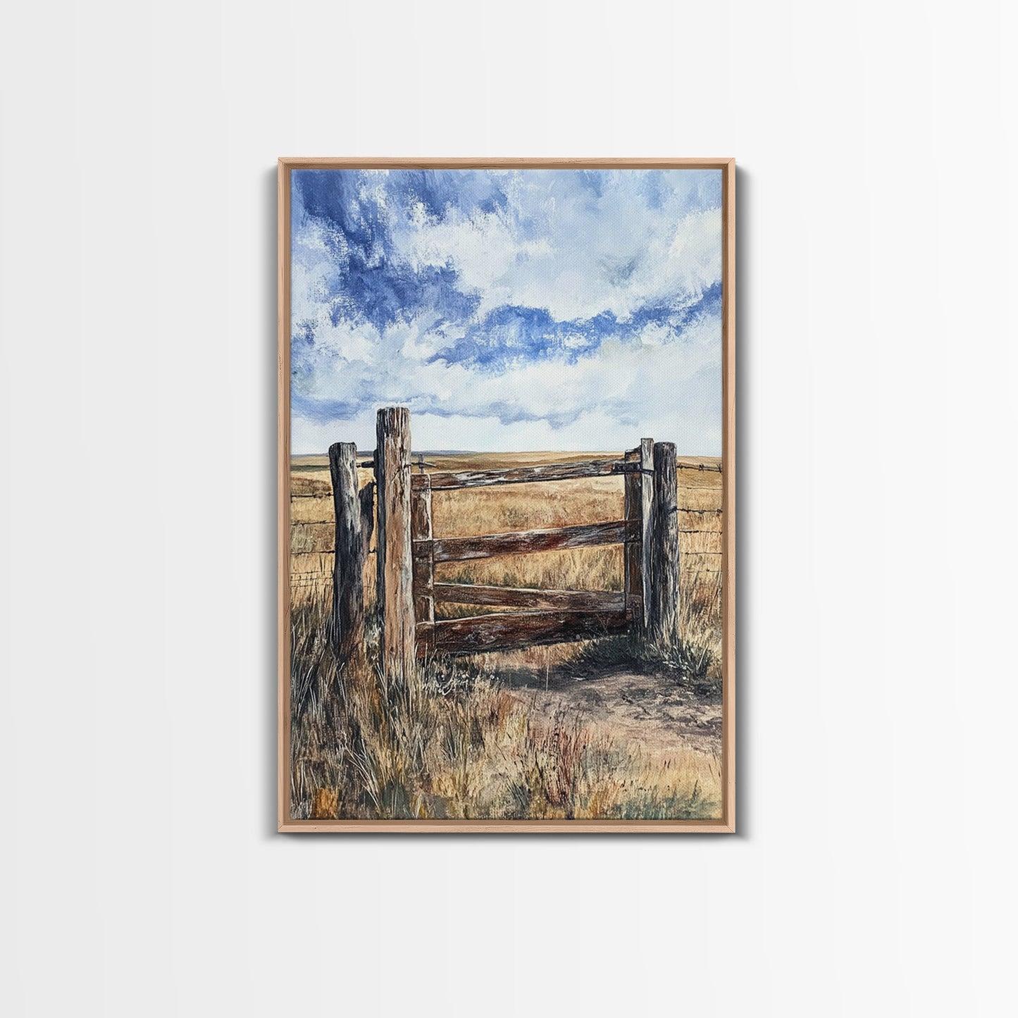Rustic Fence Art, Prairie Landscape, Farmhouse Decor, Wabi Sabi Art, Western Wall Art, Nature Painting, Framed Canvas Print