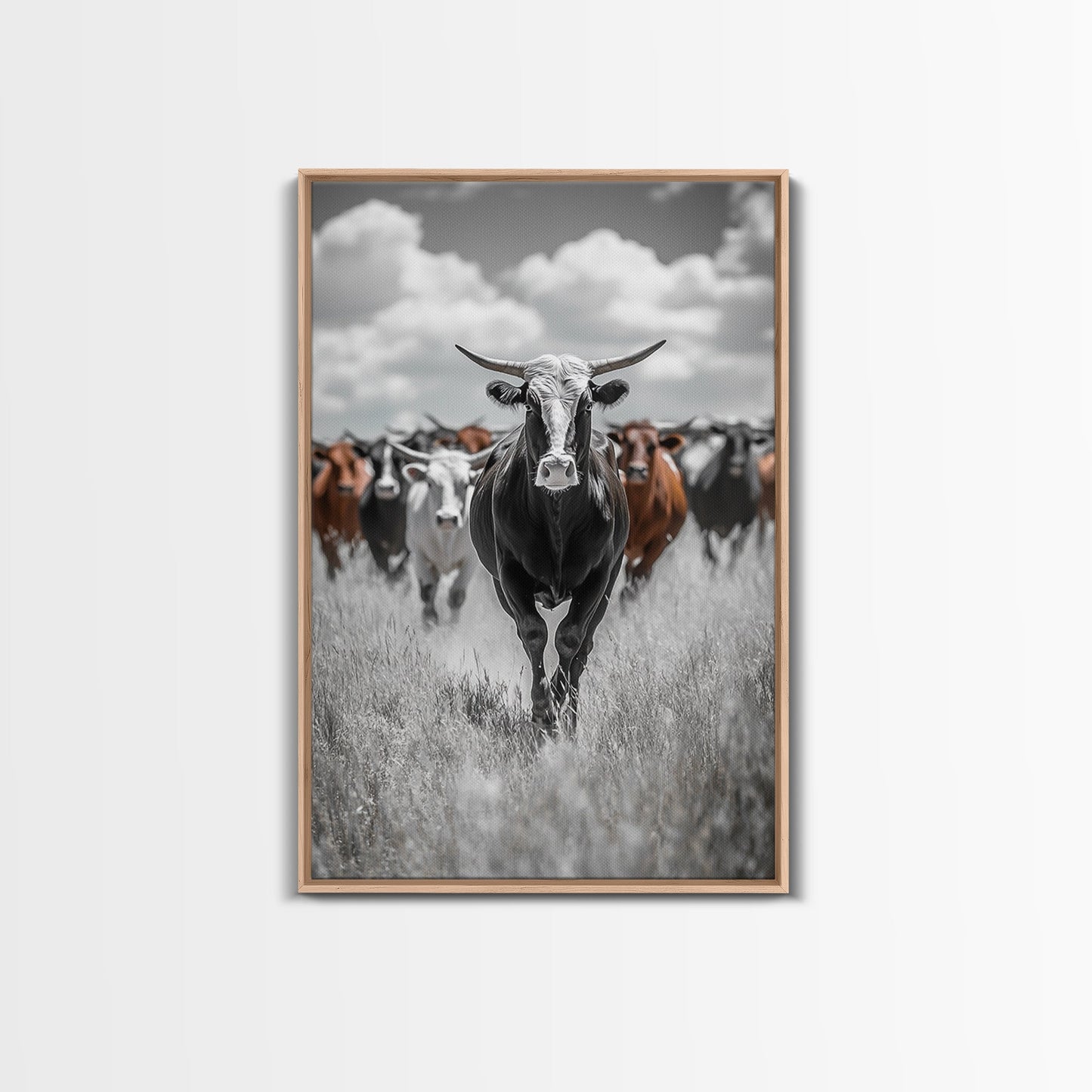 Longhorn Cattle Art, Ranch Wall Art, Rustic Decor, Farmhouse Art, Moody Western Art, Framed Canvas Print, Gift Idea, Southwest Art