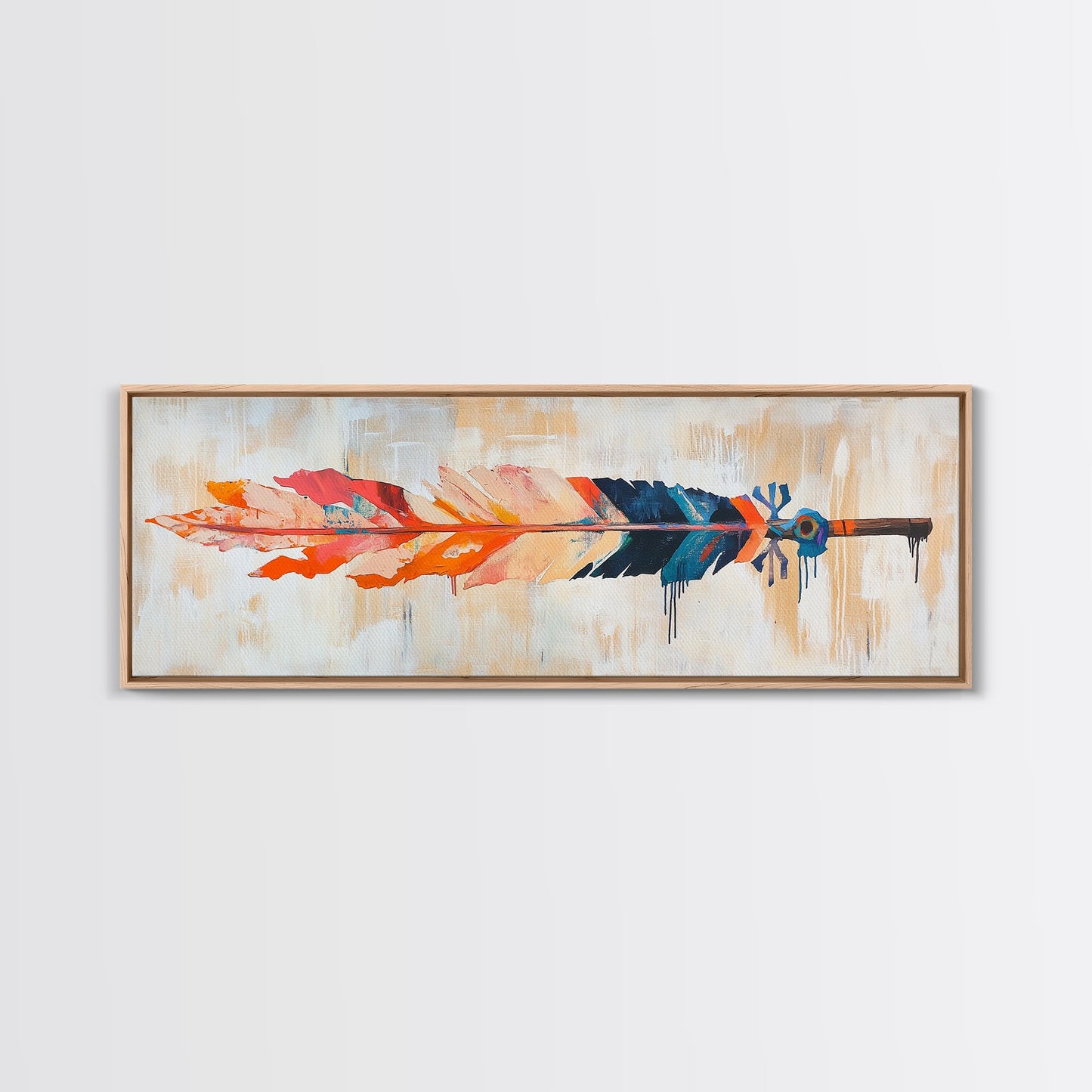 Colorful feather, native art, southwestern decor, rustic wall art, boho art, framed canvas print, extra wide art, tribal painting