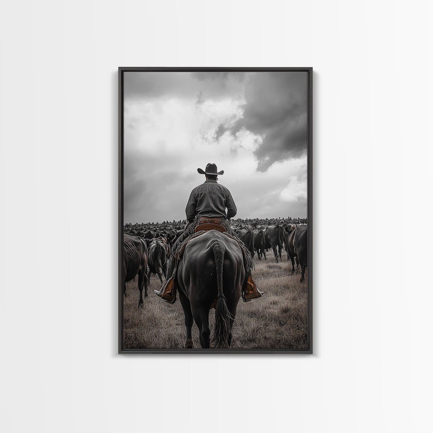 Cowboy, western art, cattle drive, ranch wall decor, framed canvas print, rustic farmhouse art, moody cowboy, country life painting