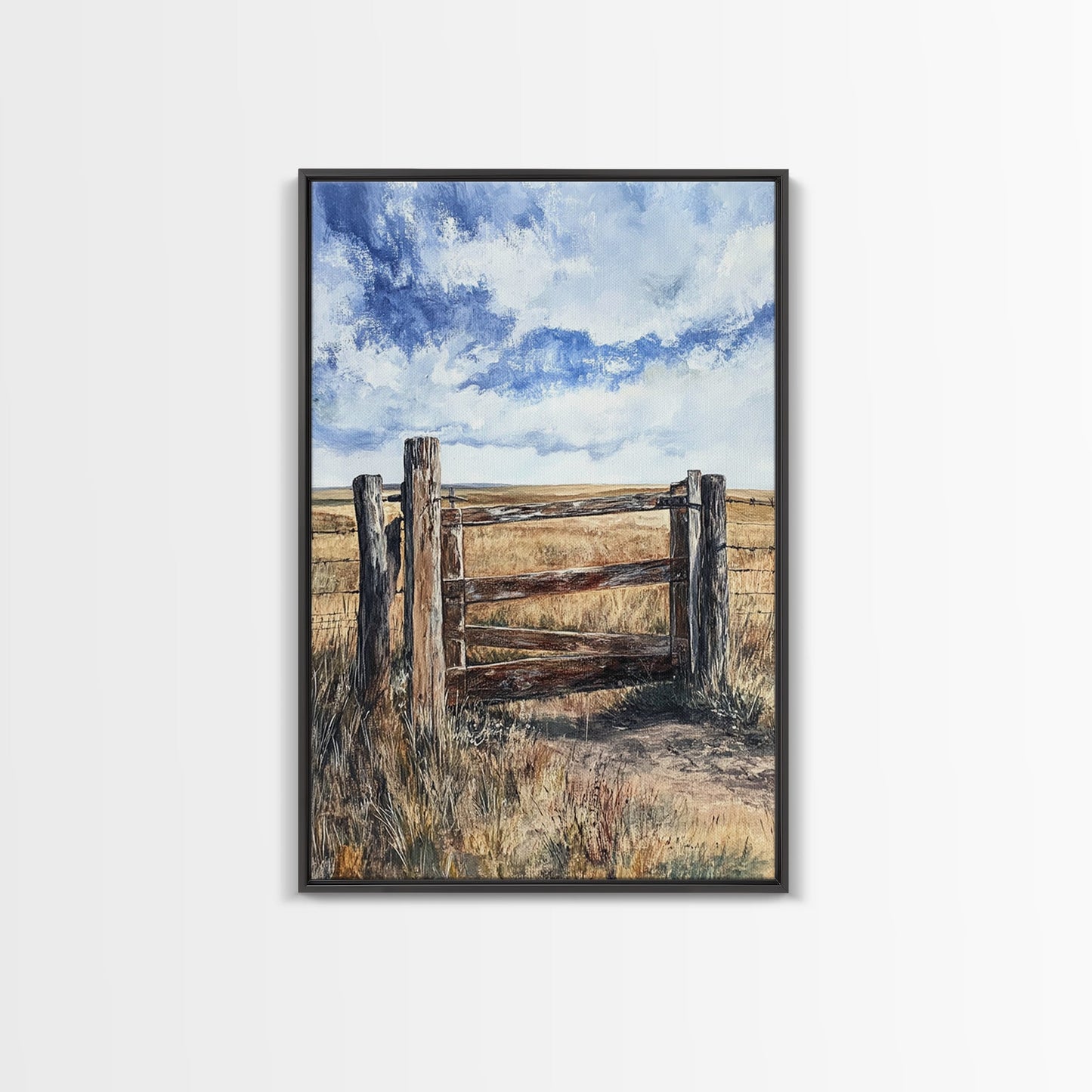 Rustic Fence Art, Prairie Landscape, Farmhouse Decor, Wabi Sabi Art, Western Wall Art, Nature Painting, Framed Canvas Print