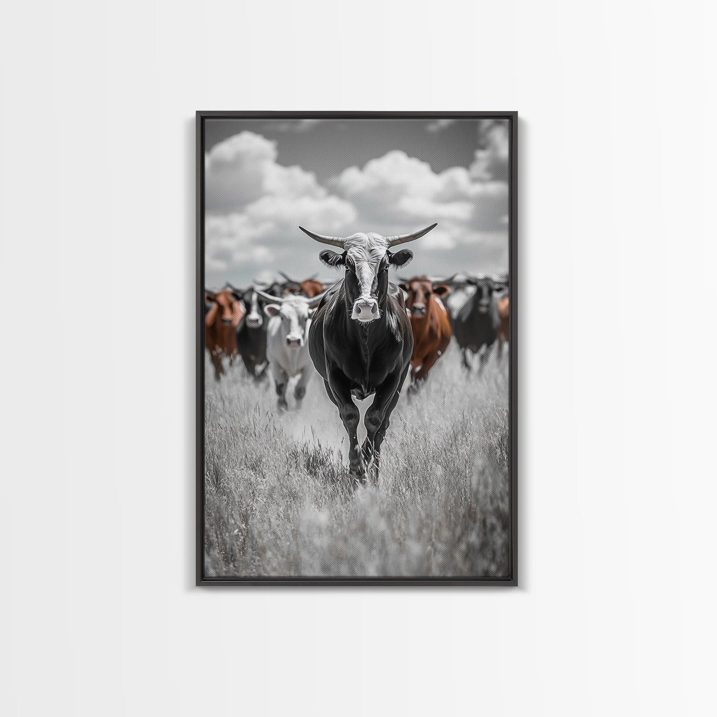 Longhorn Cattle Art, Ranch Wall Art, Rustic Decor, Farmhouse Art, Moody Western Art, Framed Canvas Print, Gift Idea, Southwest Art