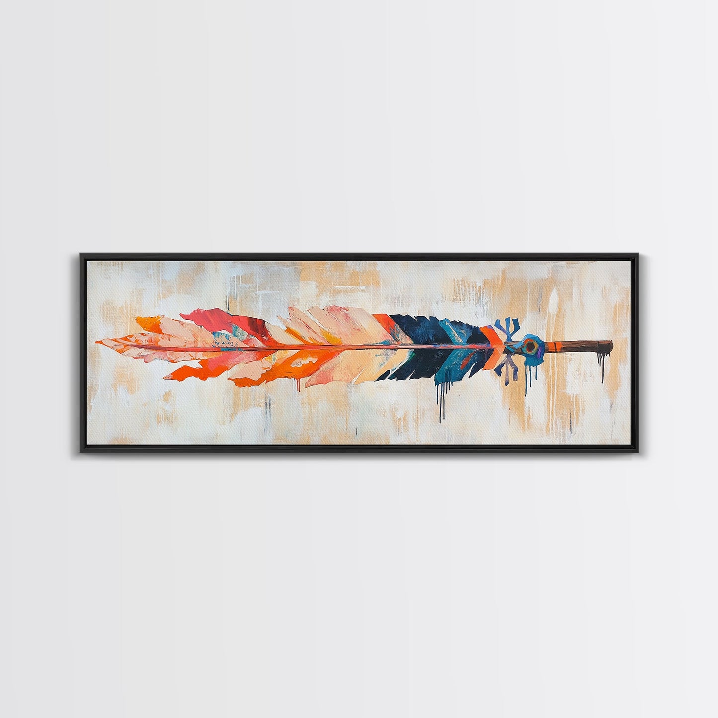 Colorful feather, native art, southwestern decor, rustic wall art, boho art, framed canvas print, extra wide art, tribal painting