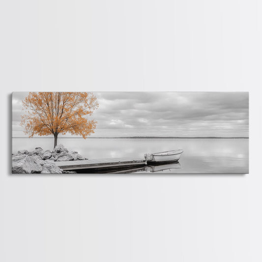 Autumn Lake Tree, Calm Dock, Boat Still Waters, Framed Canvas Print, Neutral Fall Colors, Minimalist Art, Bedroom Wall Decor, Serene Scene