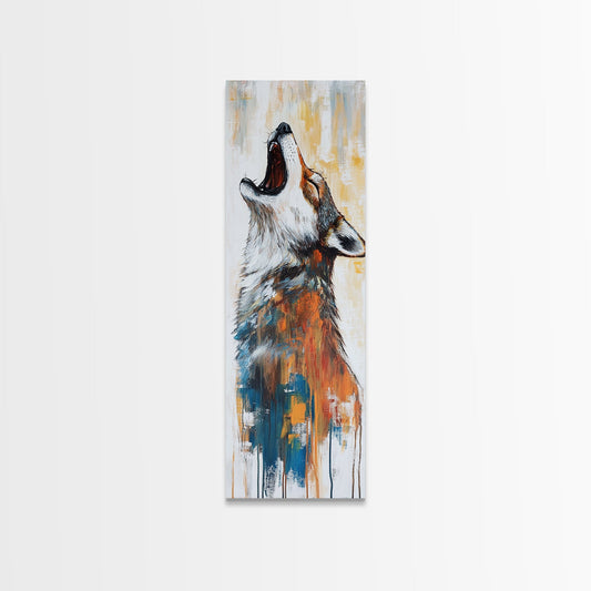 Abstract Wolf Yawning Canvas Print wabi sabi art, tall narrow art, contemporary wall art, modern rustic decor, extra wide art, bold color painting, vertical wall art, wildlife painting, rustic art