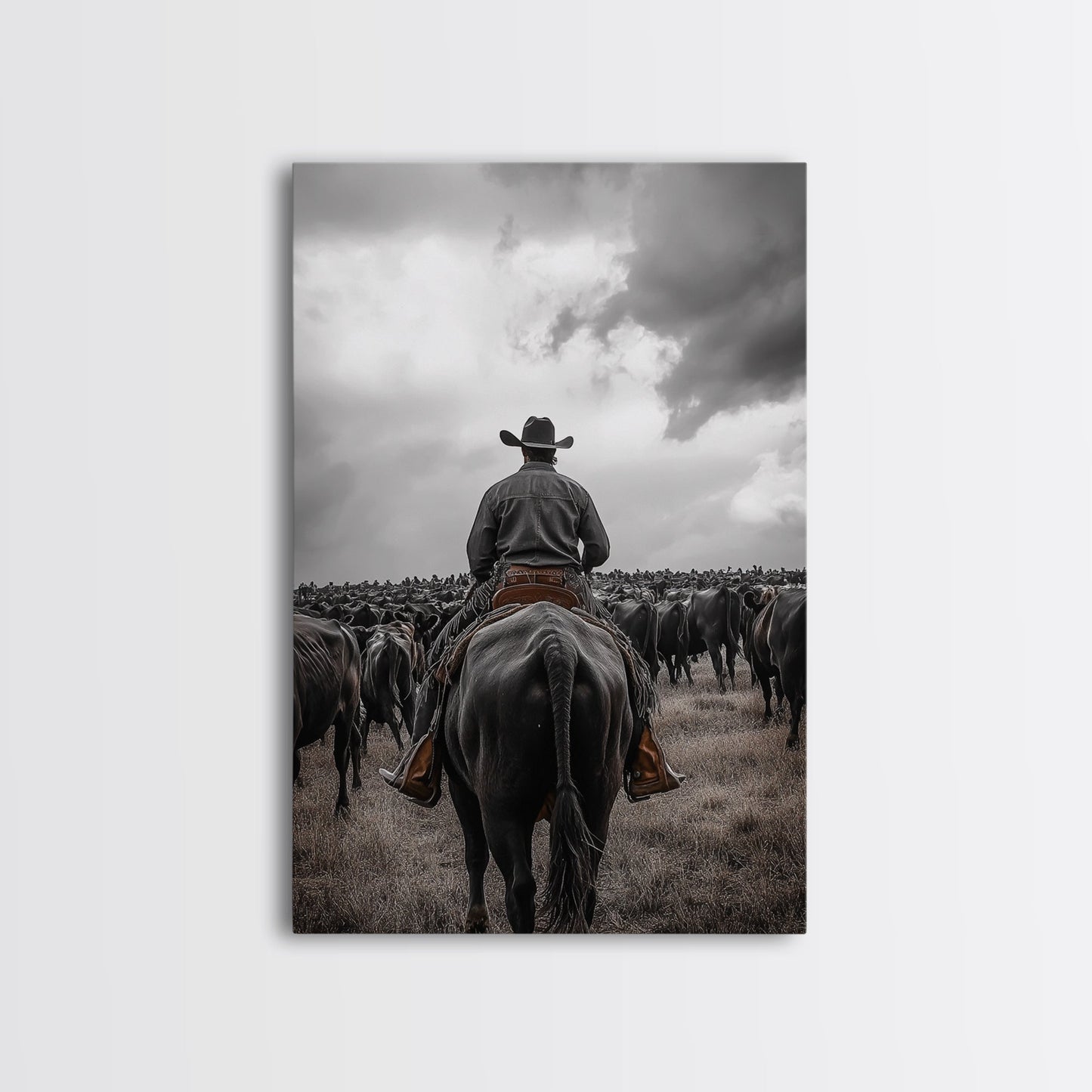 Cowboy, western art, cattle drive, ranch wall decor, framed canvas print, rustic farmhouse art, moody cowboy, country life painting