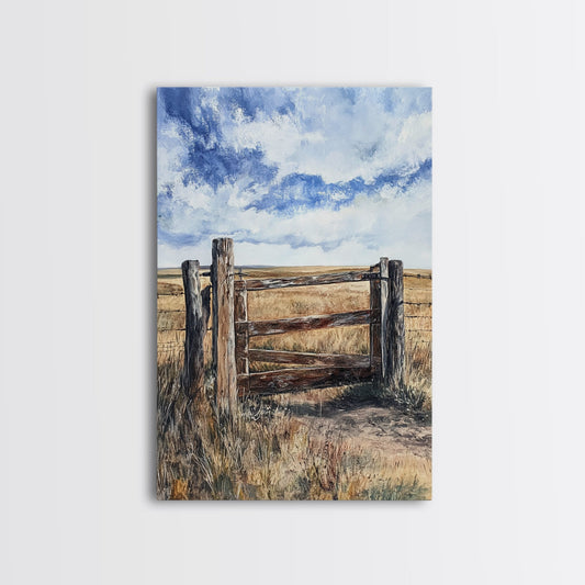 Rustic Fence Art, Prairie Landscape, Farmhouse Decor, Wabi Sabi Art, Western Wall Art, Nature Painting, Framed Canvas Print