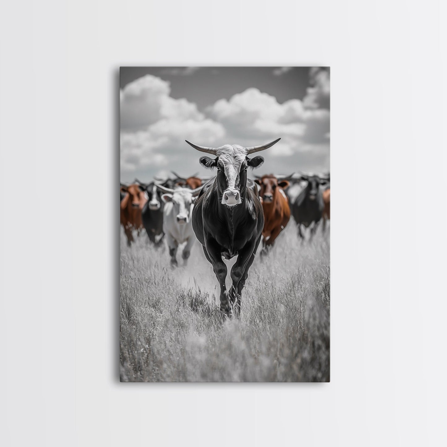 Longhorn Cattle Art, Ranch Wall Art, Rustic Decor, Farmhouse Art, Moody Western Art, Framed Canvas Print, Gift Idea, Southwest Art