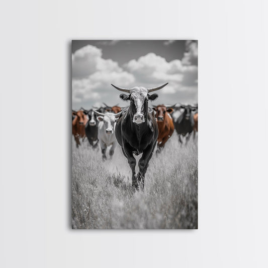 Longhorn Cattle Art, Ranch Wall Art, Rustic Decor, Farmhouse Art, Moody Western Art, Framed Canvas Print, Gift Idea, Southwest Art