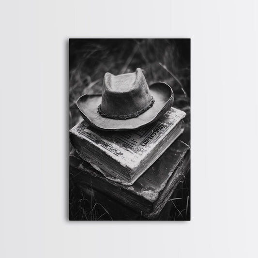 Black Hat, rustic decor, western art, cowboy photography, moody art, vintage western art, framed canvas print, wabi sabi art