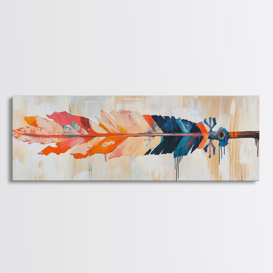 Colorful feather, native art, southwestern decor, rustic wall art, boho art, framed canvas print, extra wide art, tribal painting