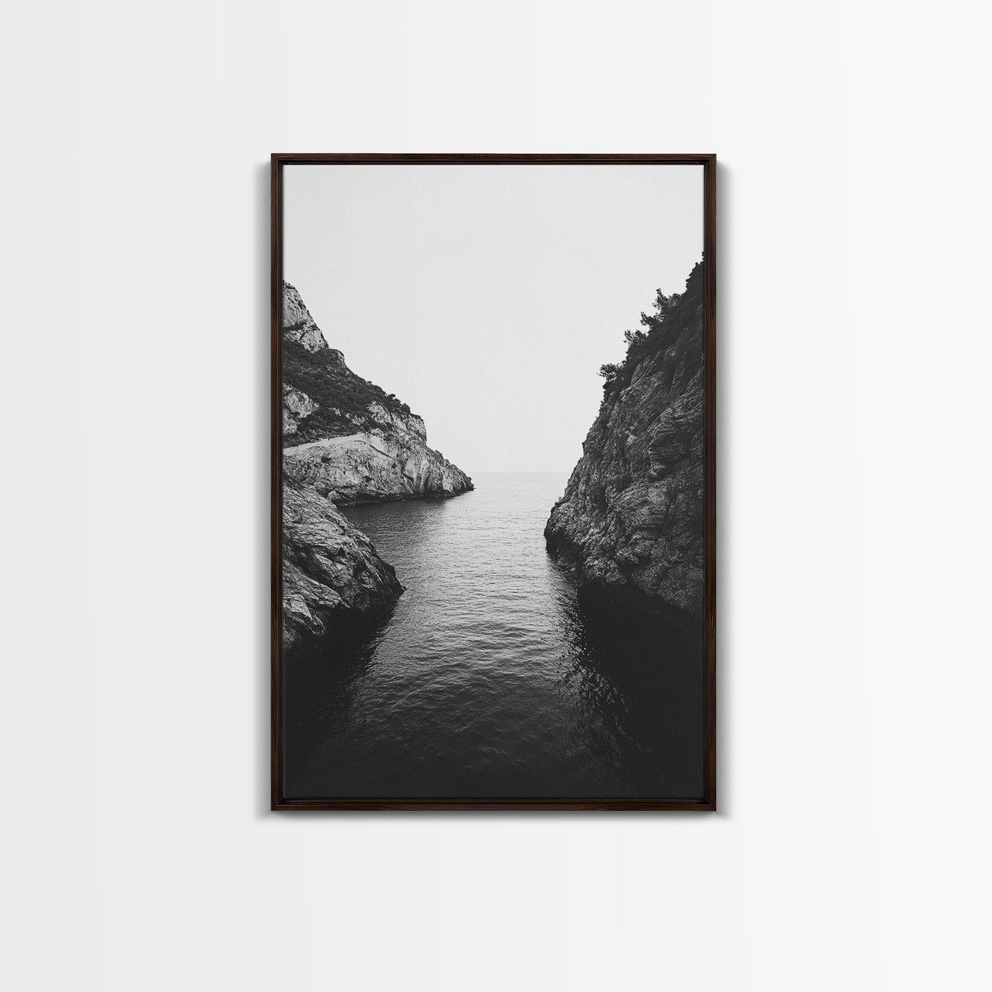 Cliffs, Ocean, Channel, Serenity - Dramatic rocky inlet view, Framed Canvas Print, ideal bathroom or hallway wall art, nature lover minimalist