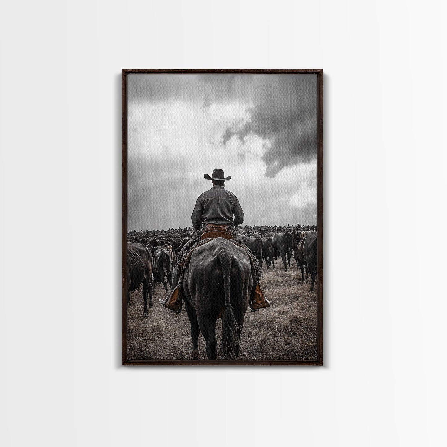 Cowboy, western art, cattle drive, ranch wall decor, framed canvas print, rustic farmhouse art, moody cowboy, country life painting
