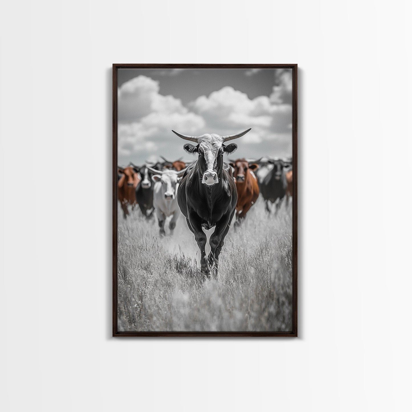 Longhorn Cattle Art, Ranch Wall Art, Rustic Decor, Farmhouse Art, Moody Western Art, Framed Canvas Print, Gift Idea, Southwest Art