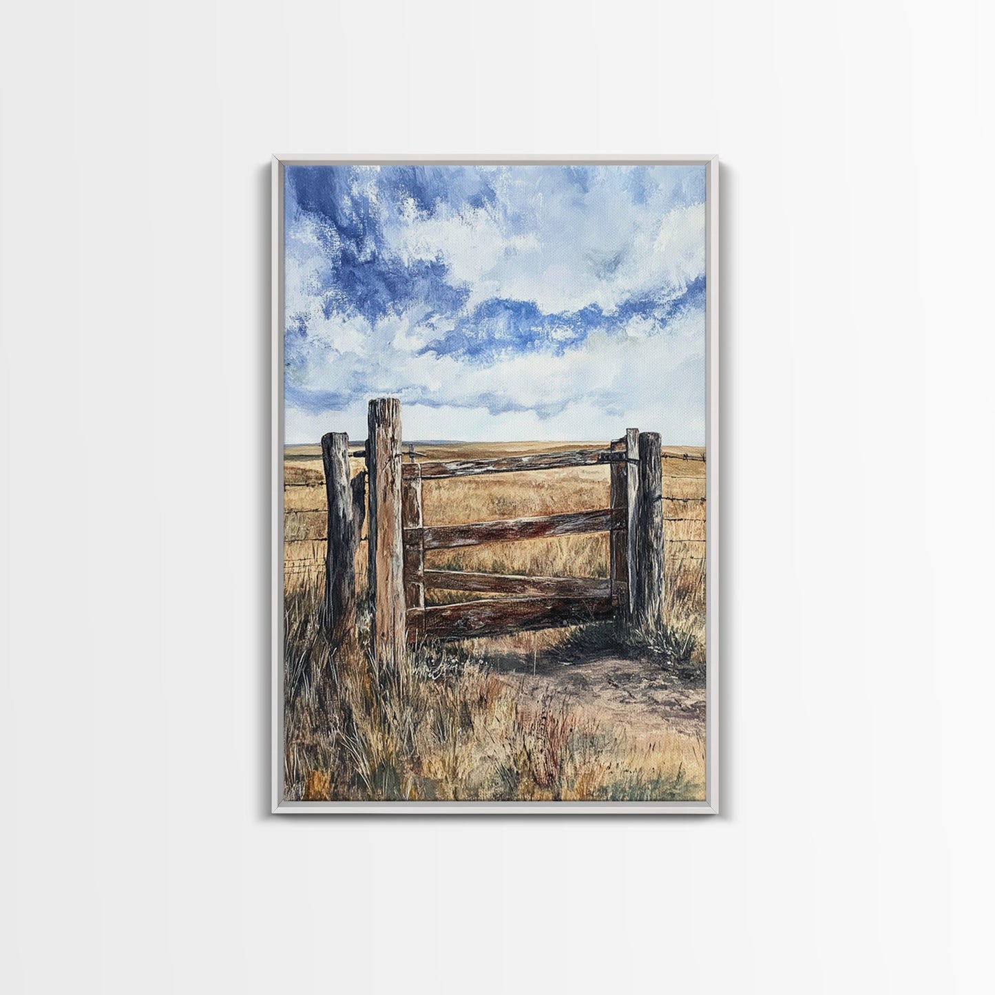 Rustic Fence Art, Prairie Landscape, Farmhouse Decor, Wabi Sabi Art, Western Wall Art, Nature Painting, Framed Canvas Print