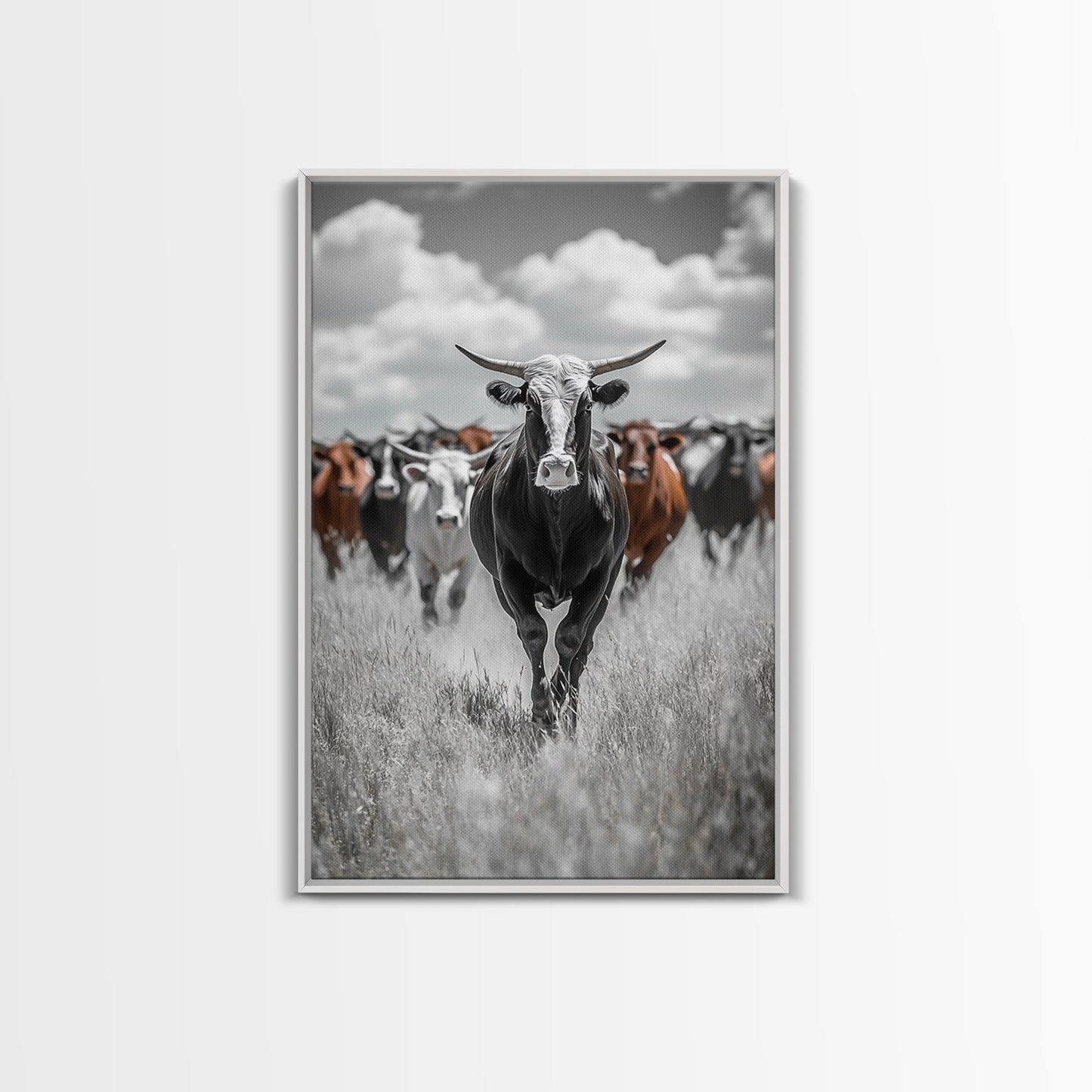 Longhorn Cattle Art, Ranch Wall Art, Rustic Decor, Farmhouse Art, Moody Western Art, Framed Canvas Print, Gift Idea, Southwest Art