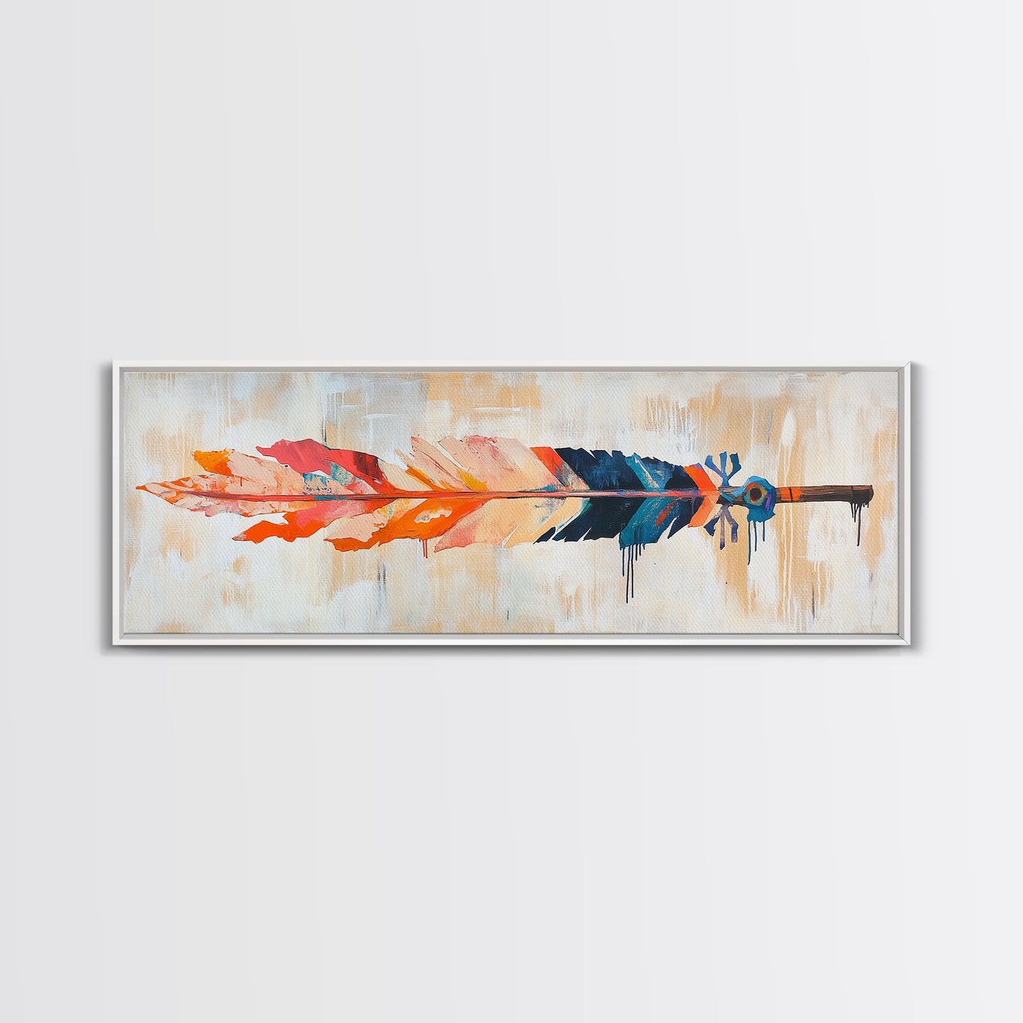 Colorful feather, native art, southwestern decor, rustic wall art, boho art, framed canvas print, extra wide art, tribal painting