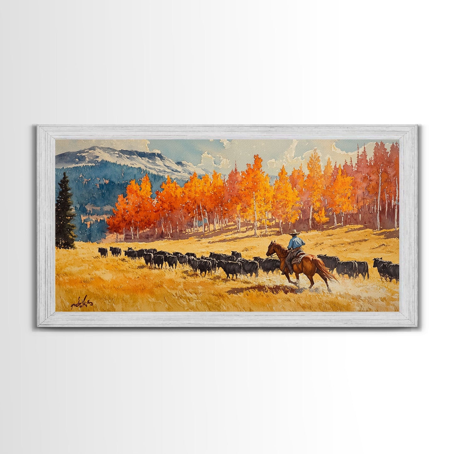 Cowboy Herding Cattle Under Mountains Framed Canvas Print Tall Art Autumn Country Landscape Fall Decor Western Wall Art Farmhouse Gift Idea