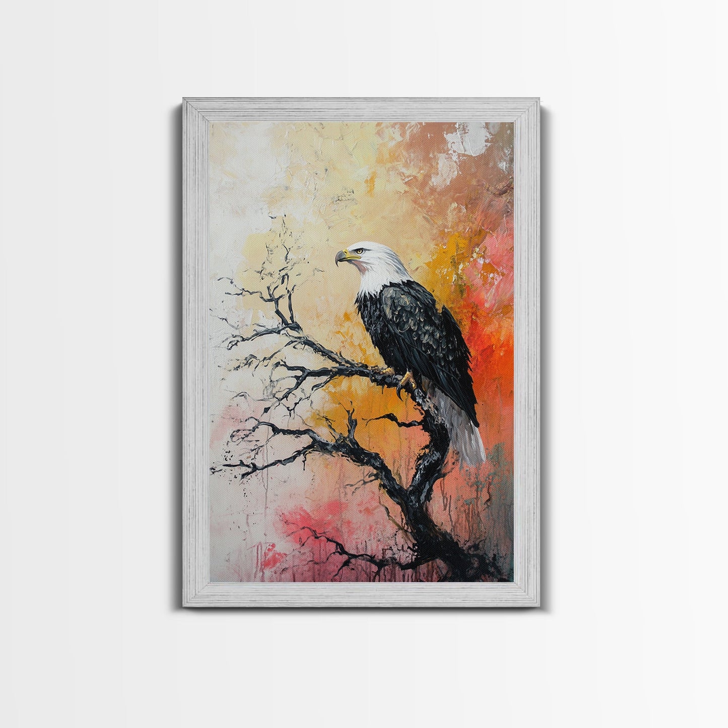 Eagle on Branch, textured painting, wildlife wall art, rustic art, autumn colors, farmhouse decor, framed canvas print, bird art