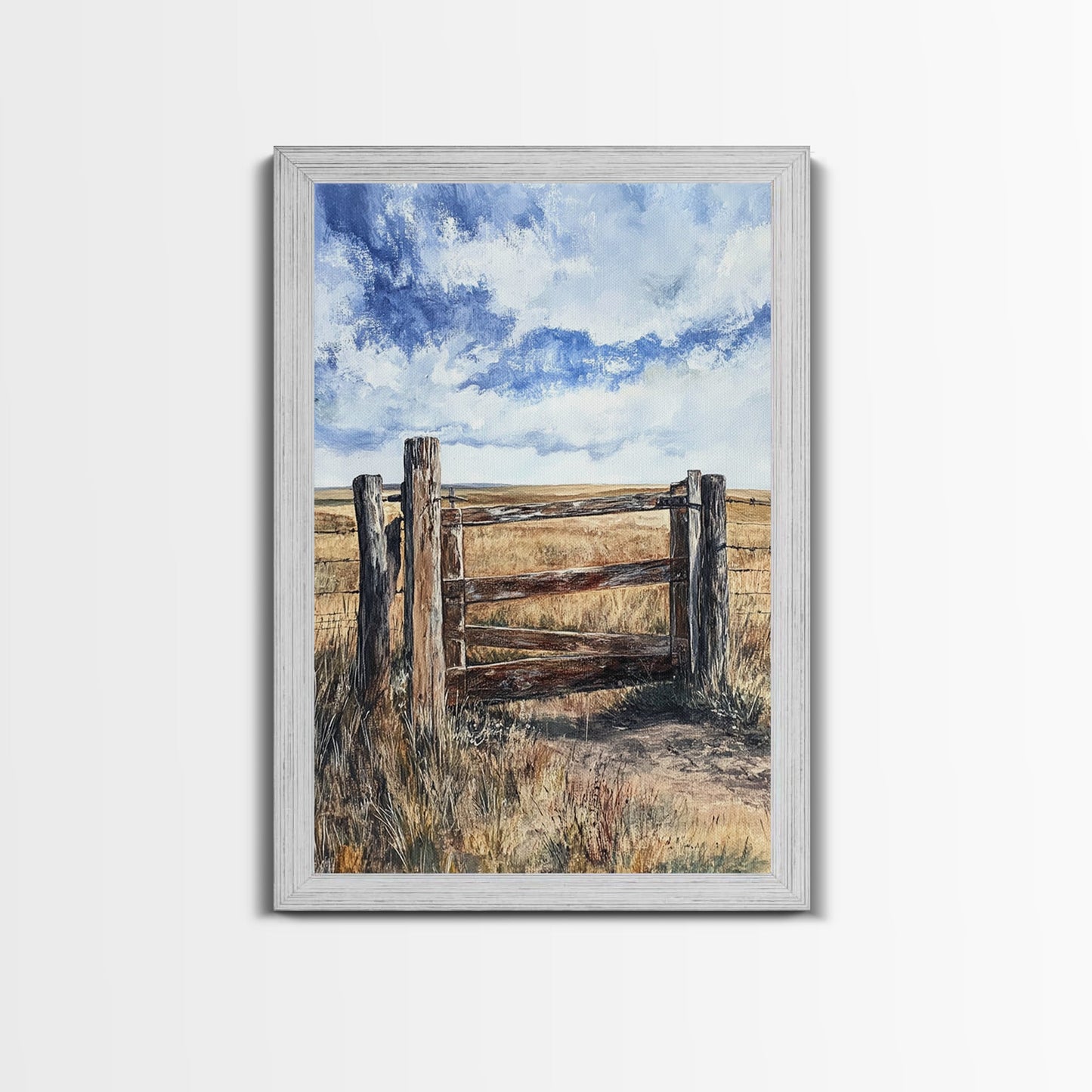 Rustic Fence Art, Prairie Landscape, Farmhouse Decor, Wabi Sabi Art, Western Wall Art, Nature Painting, Framed Canvas Print