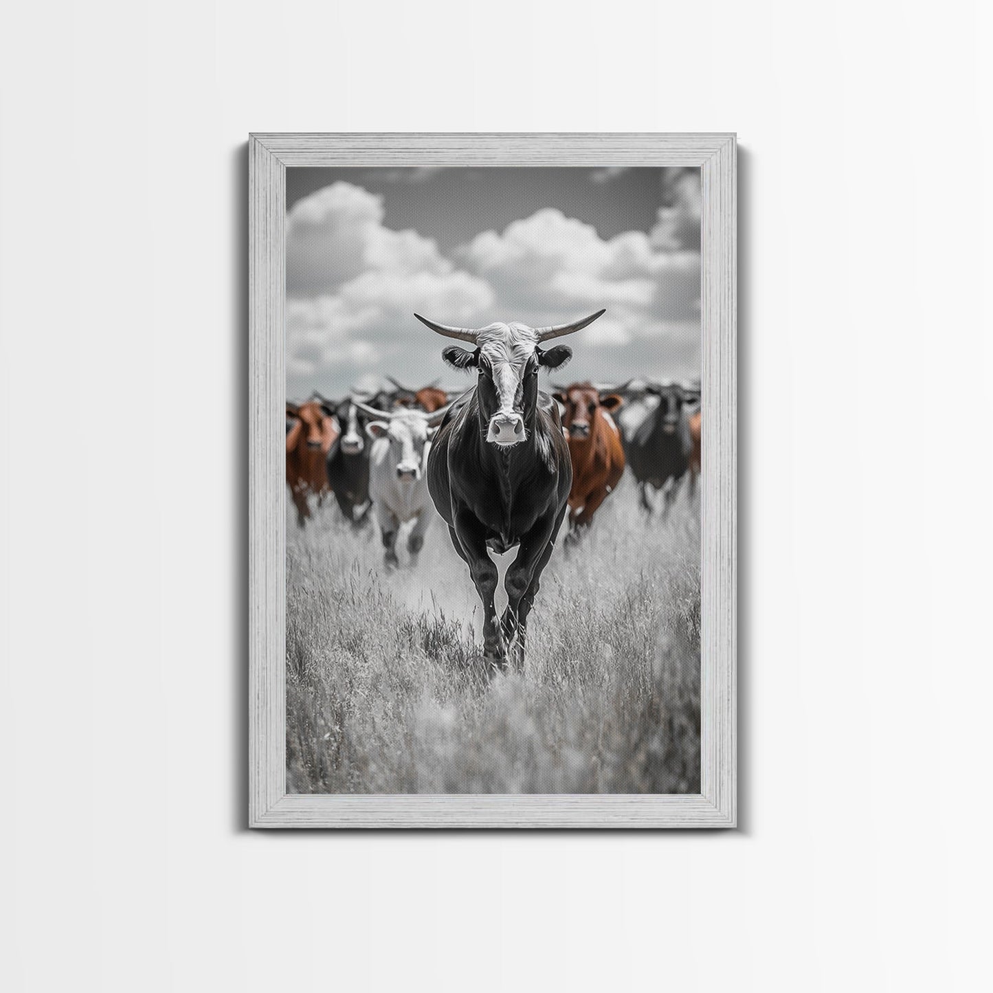 Longhorn Cattle Art, Ranch Wall Art, Rustic Decor, Farmhouse Art, Moody Western Art, Framed Canvas Print, Gift Idea, Southwest Art