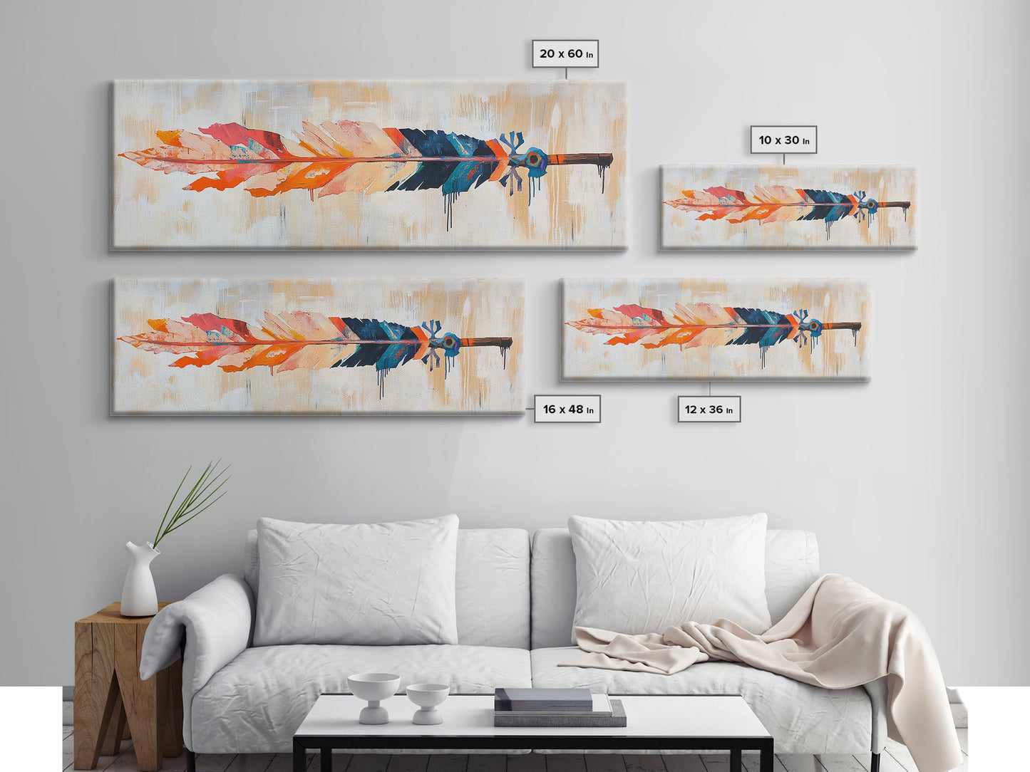 Colorful feather, native art, southwestern decor, rustic wall art, boho art, framed canvas print, extra wide art, tribal painting