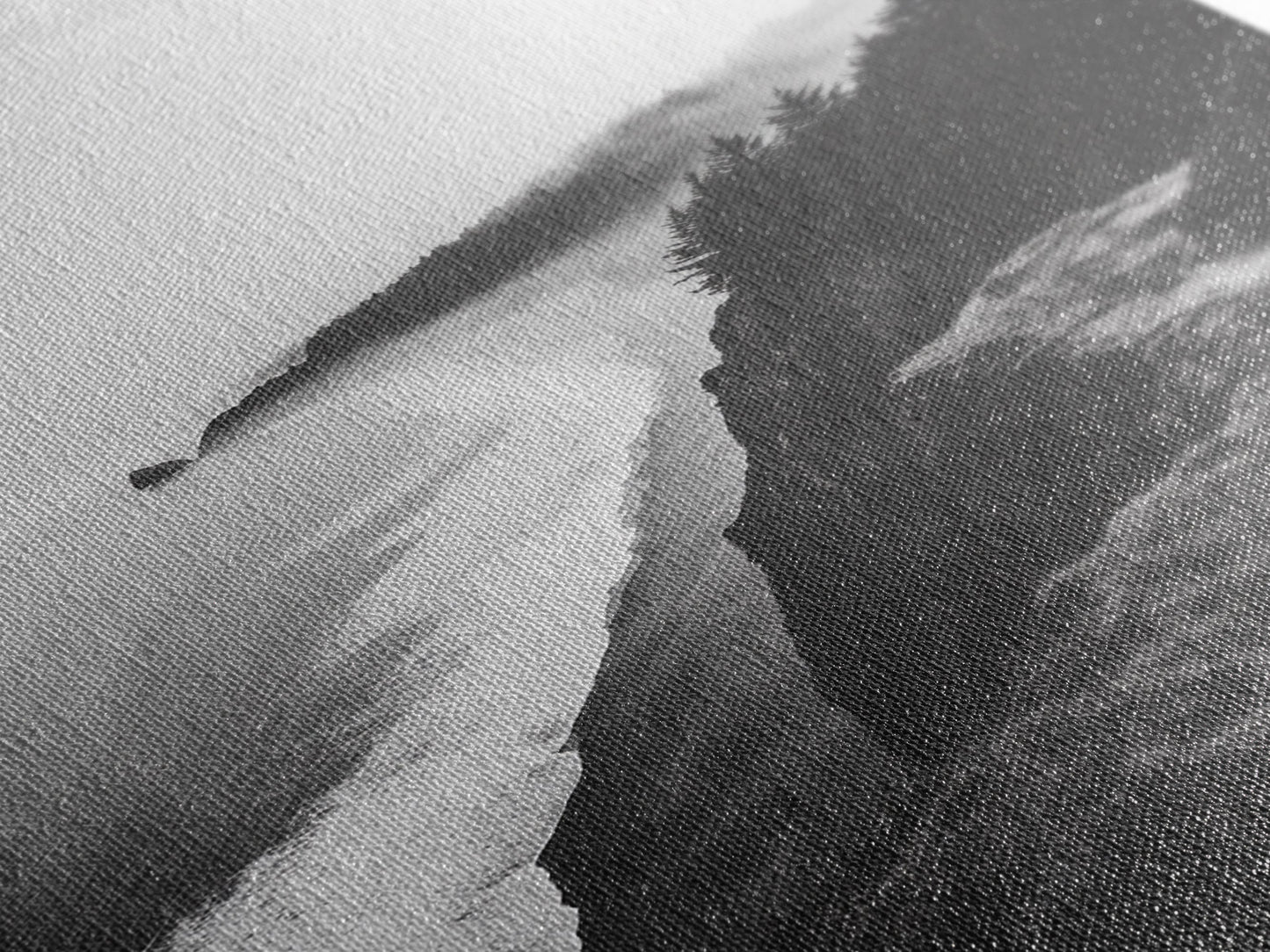 Misty Coastline, Pine Forest, Foggy Morning, Framed Canvas Print, Moody Nature Decor, Living Room Wall Art, Monochrome Style