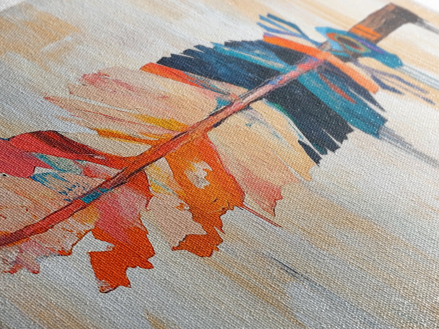 Colorful feather, native art, southwestern decor, rustic wall art, boho art, framed canvas print, extra wide art, tribal painting