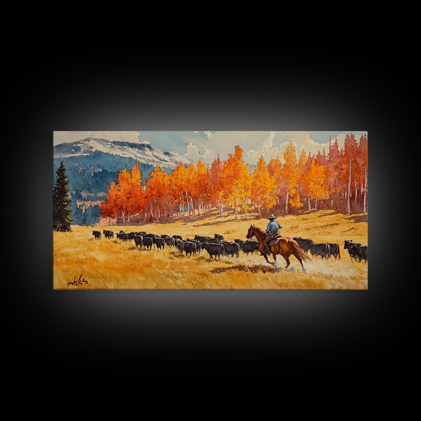Cowboy Herding Cattle Under Mountains Framed Canvas Print Tall Art Autumn Country Landscape Fall Decor Western Wall Art Farmhouse Gift Idea