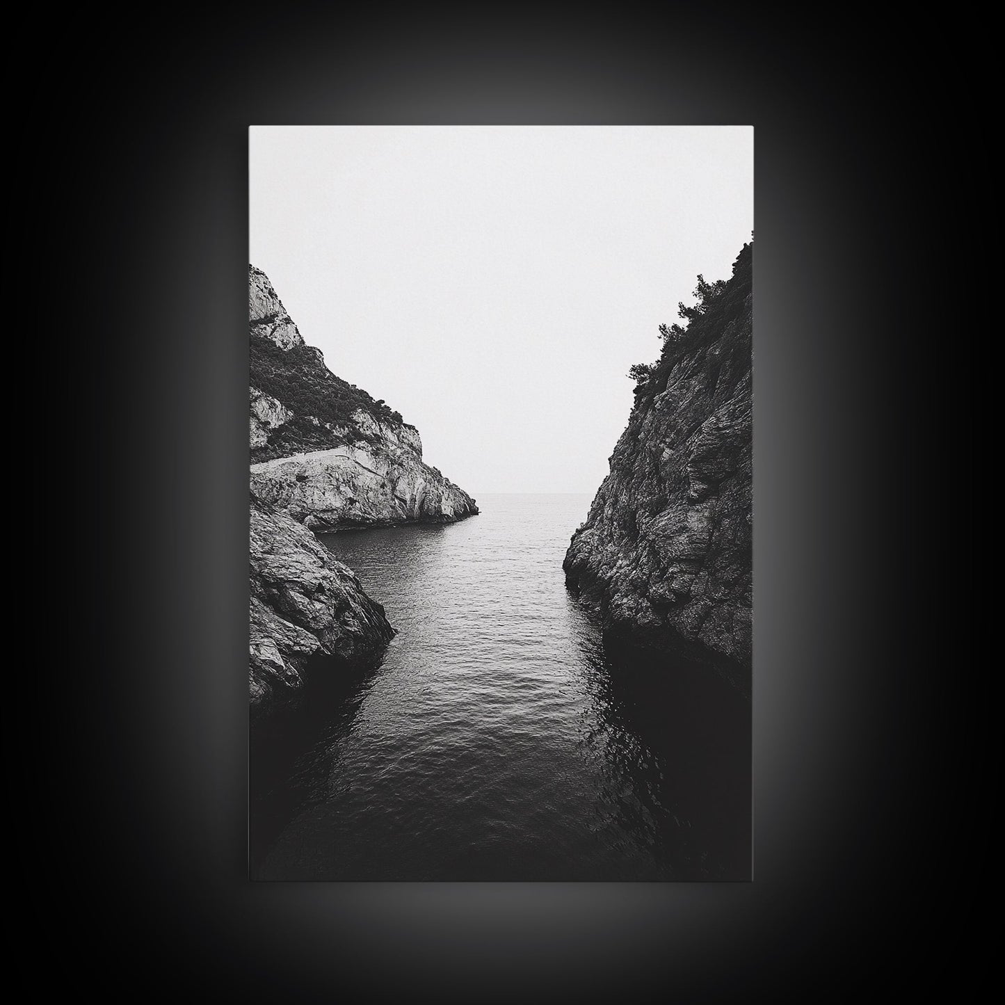 Cliffs, Ocean, Channel, Serenity - Dramatic rocky inlet view, Framed Canvas Print, ideal bathroom or hallway wall art, nature lover minimalist