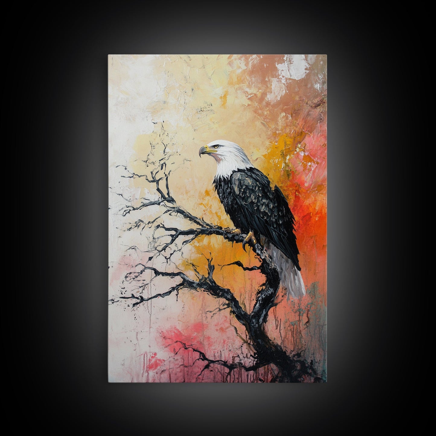 Eagle on Branch, textured painting, wildlife wall art, rustic art, autumn colors, farmhouse decor, framed canvas print, bird art