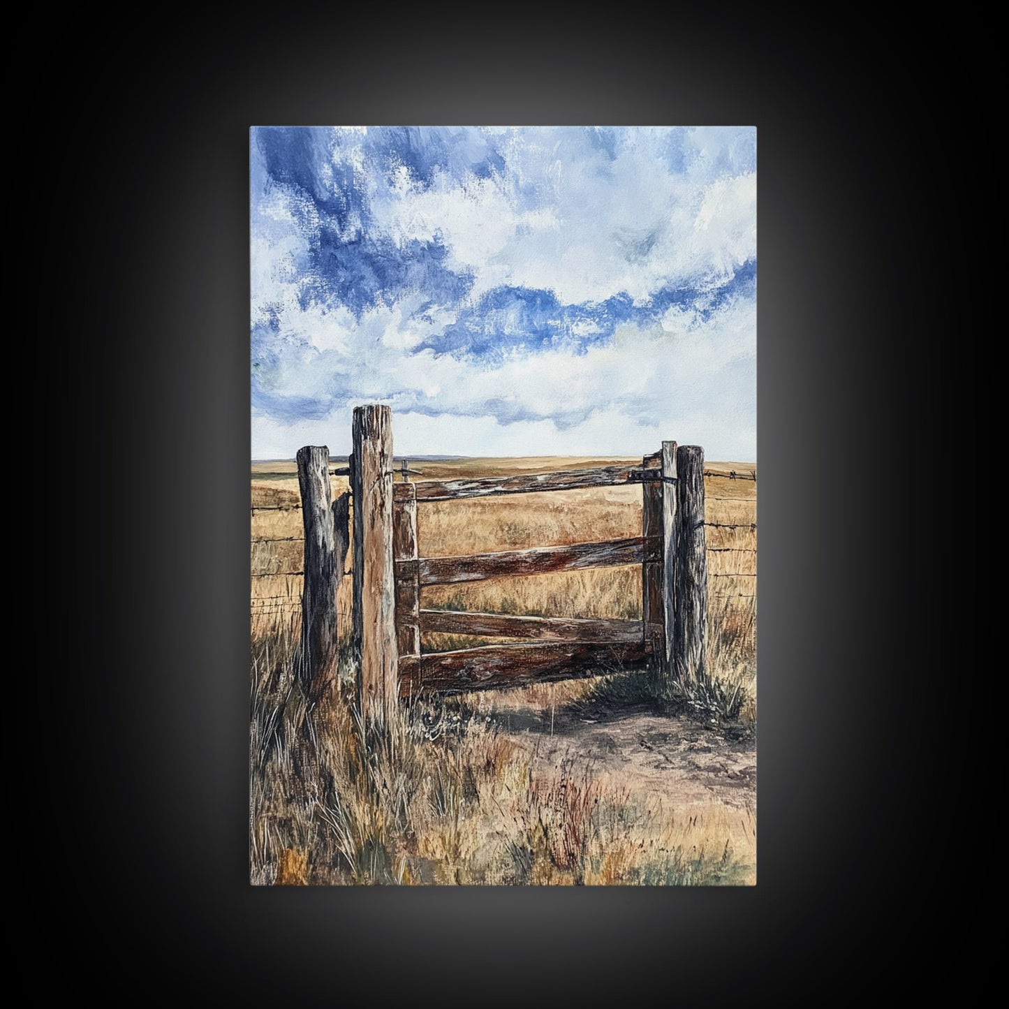 Rustic Fence Art, Prairie Landscape, Farmhouse Decor, Wabi Sabi Art, Western Wall Art, Nature Painting, Framed Canvas Print