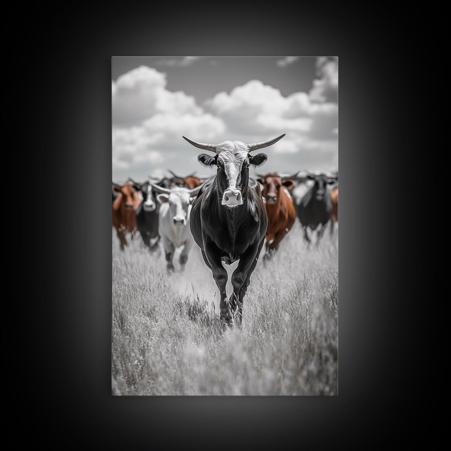 Longhorn Cattle Art, Ranch Wall Art, Rustic Decor, Farmhouse Art, Moody Western Art, Framed Canvas Print, Gift Idea, Southwest Art