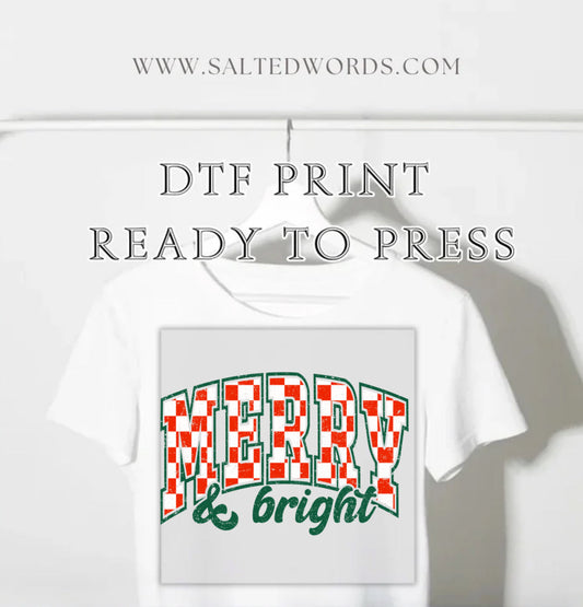 Merry and bright checkered modern Christmas print DTF print