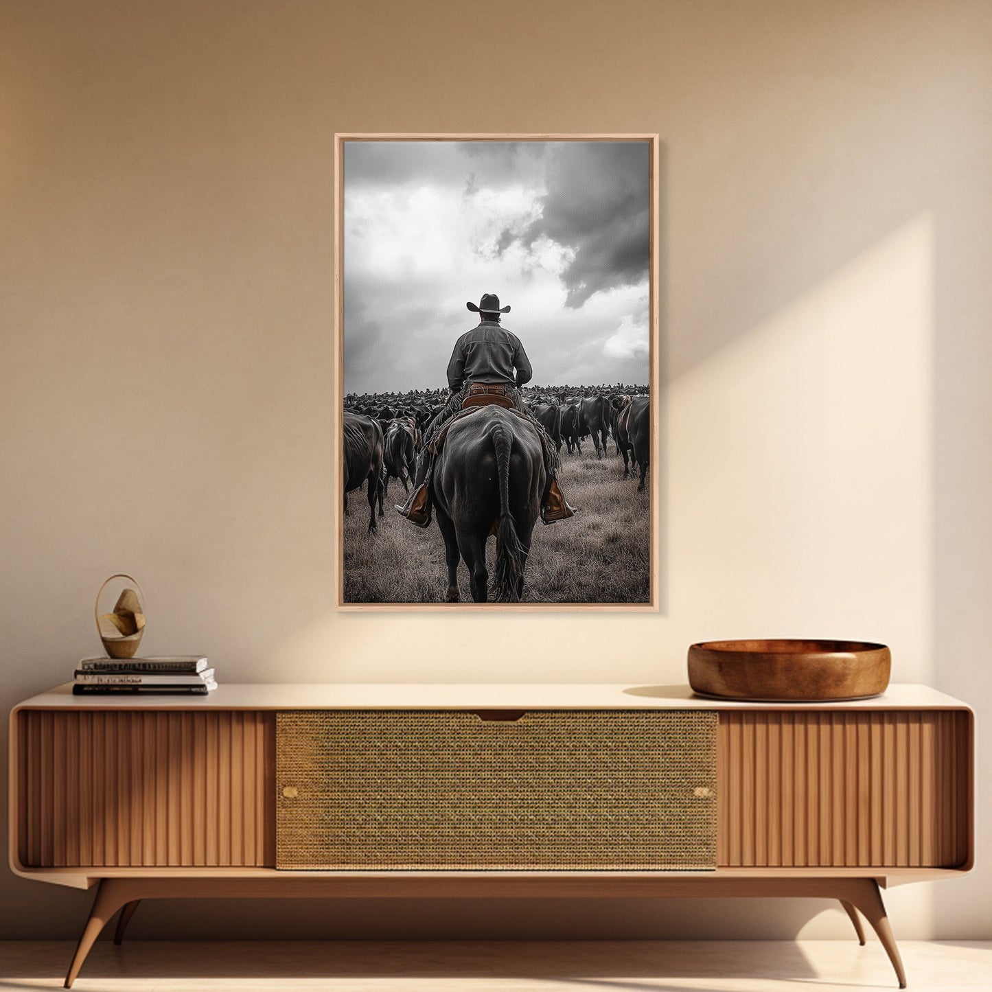 Cowboy, western art, cattle drive, ranch wall decor, framed canvas print, rustic farmhouse art, moody cowboy, country life painting