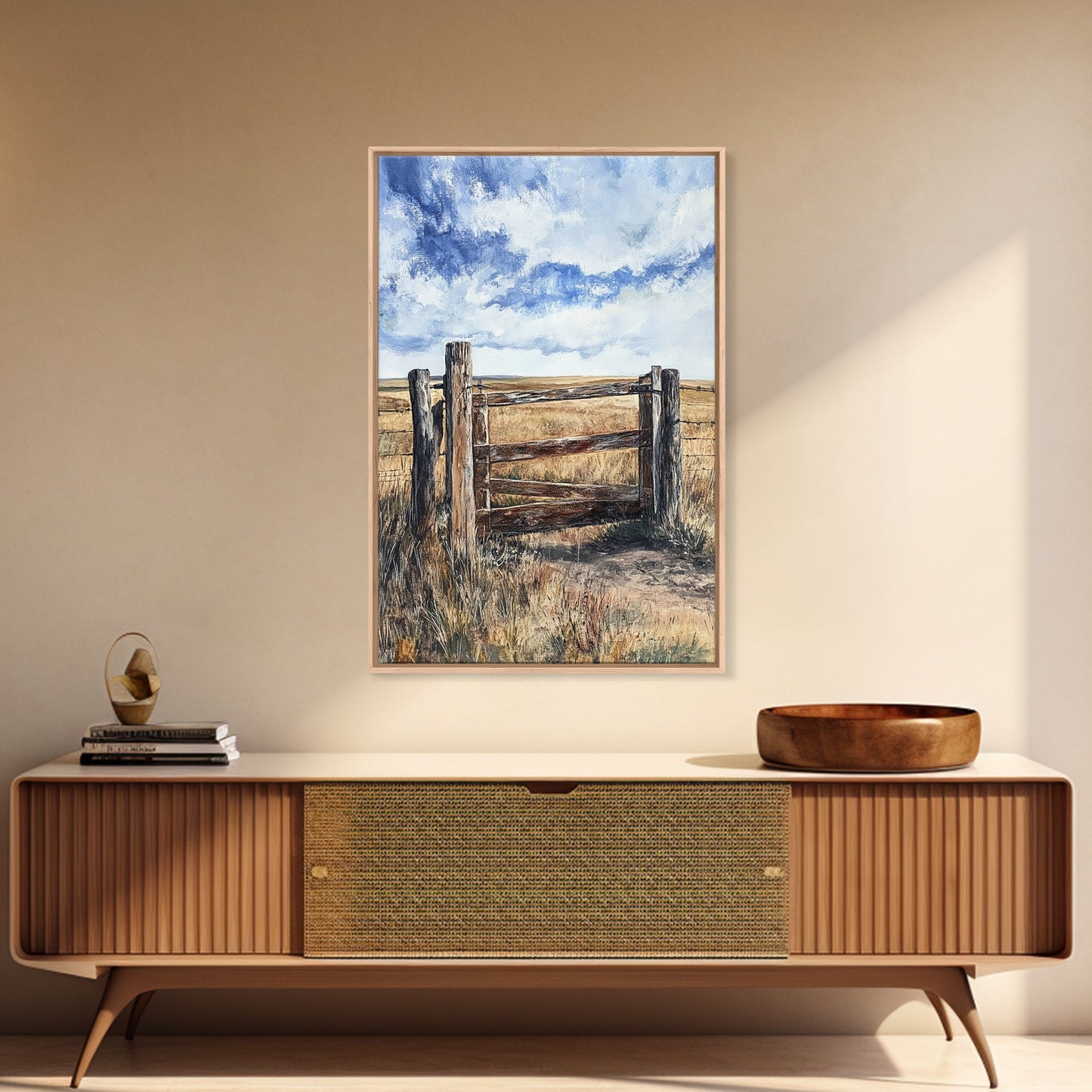 Rustic Fence Art, Prairie Landscape, Farmhouse Decor, Wabi Sabi Art, Western Wall Art, Nature Painting, Framed Canvas Print