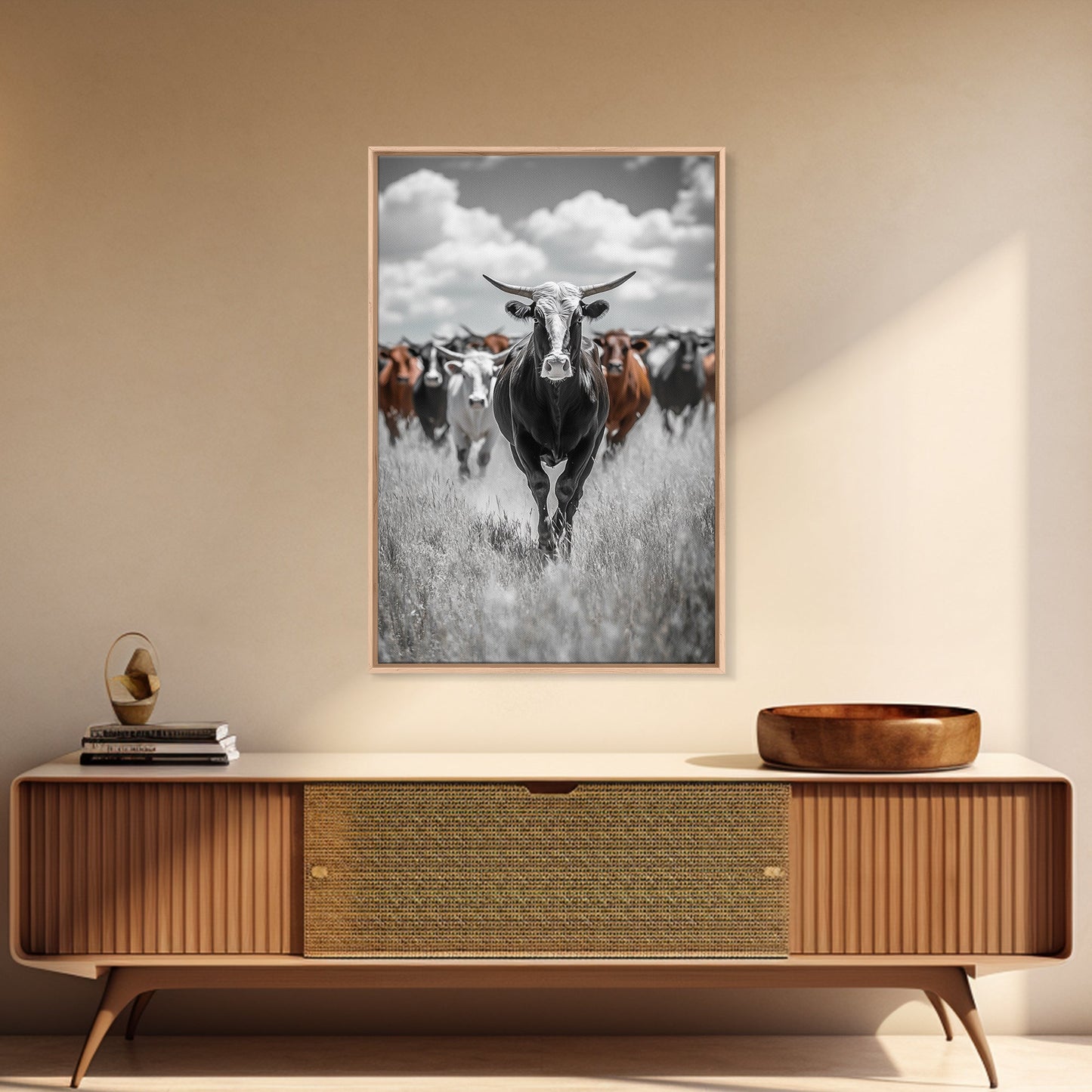 Longhorn Cattle Art, Ranch Wall Art, Rustic Decor, Farmhouse Art, Moody Western Art, Framed Canvas Print, Gift Idea, Southwest Art