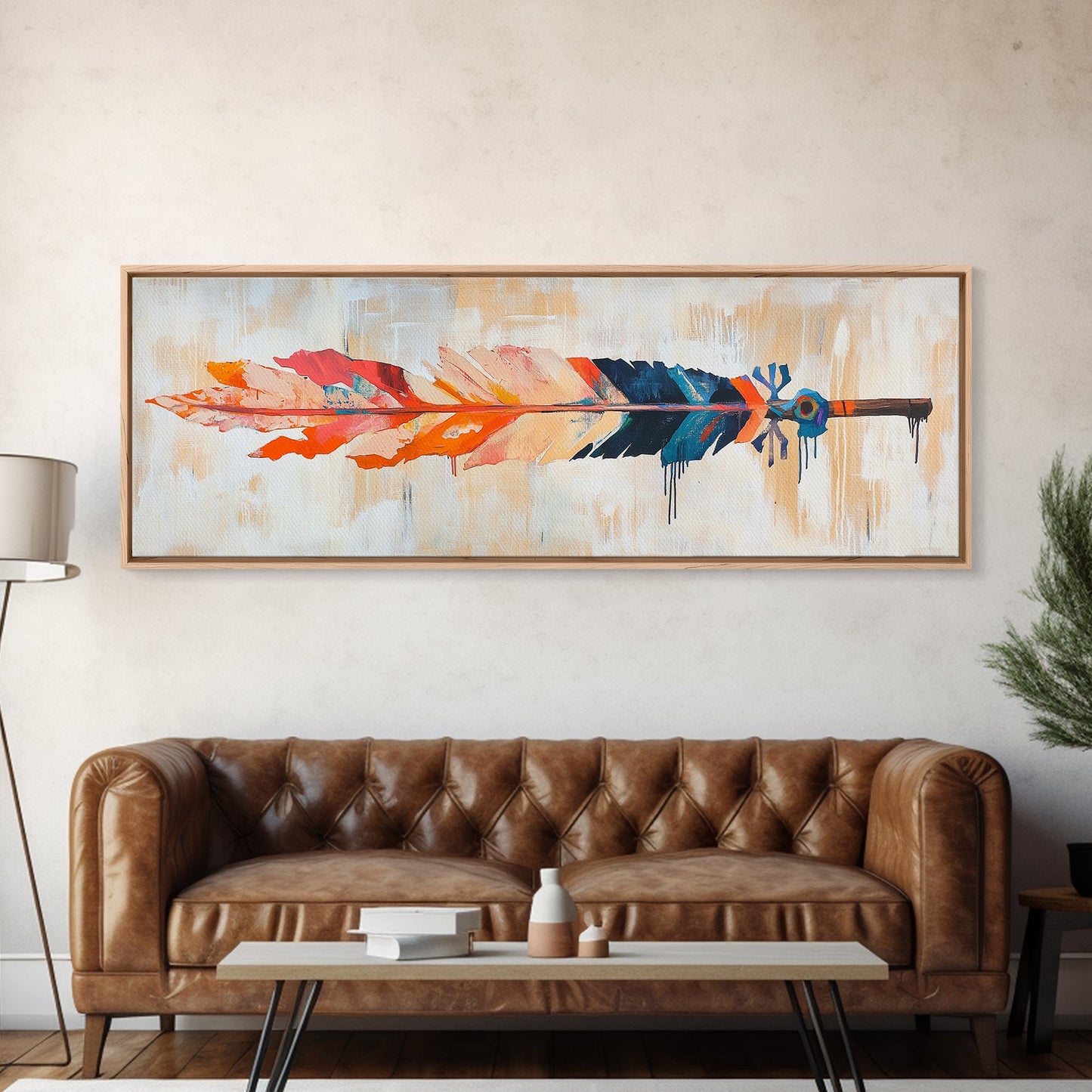 Colorful feather, native art, southwestern decor, rustic wall art, boho art, framed canvas print, extra wide art, tribal painting