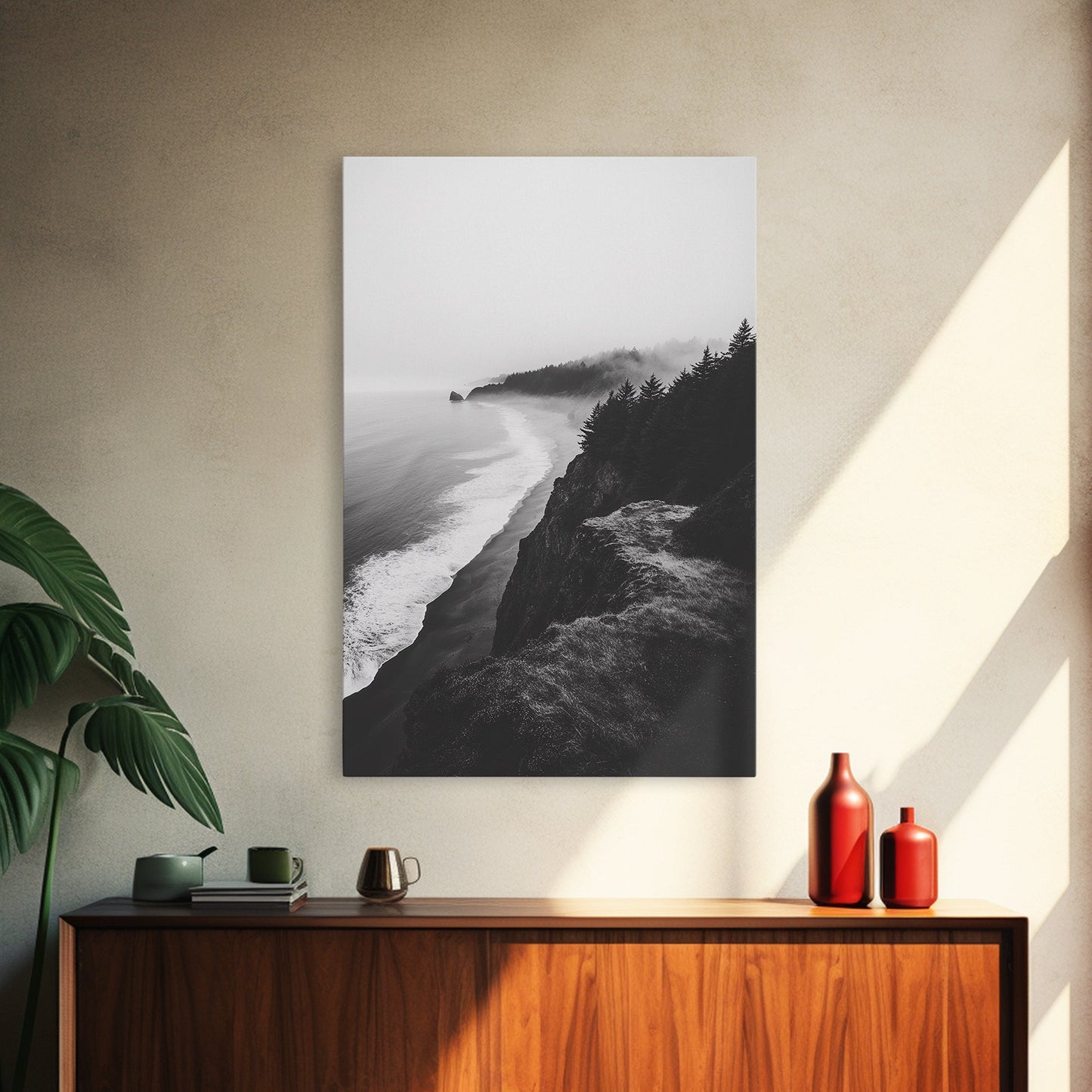 Misty Coastline, Pine Forest, Foggy Morning, Framed Canvas Print, Moody Nature Decor, Living Room Wall Art, Monochrome Style