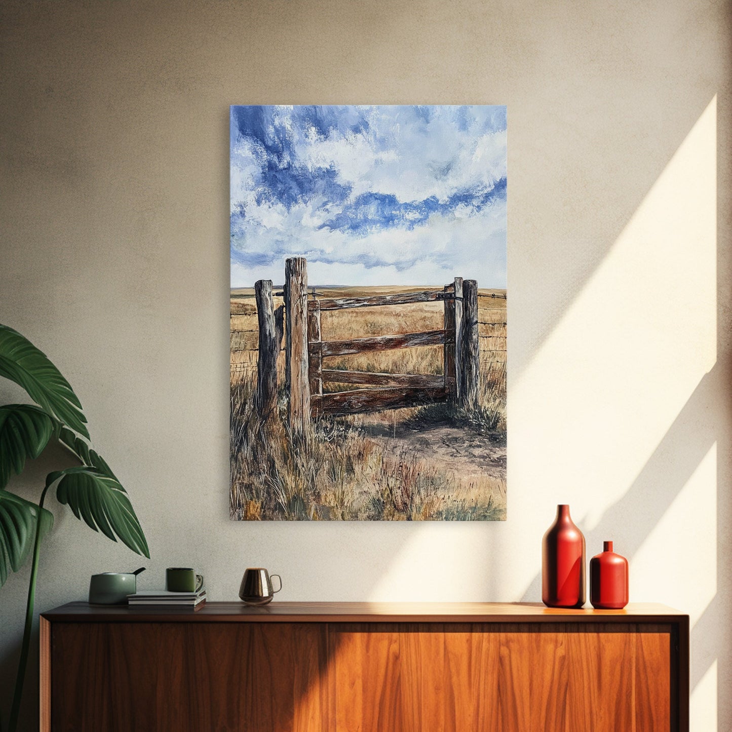 Rustic Fence Art, Prairie Landscape, Farmhouse Decor, Wabi Sabi Art, Western Wall Art, Nature Painting, Framed Canvas Print