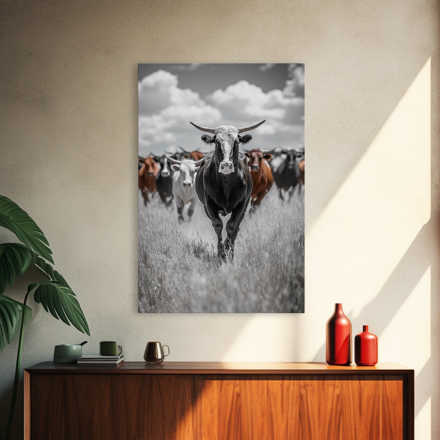 Longhorn Cattle Art, Ranch Wall Art, Rustic Decor, Farmhouse Art, Moody Western Art, Framed Canvas Print, Gift Idea, Southwest Art