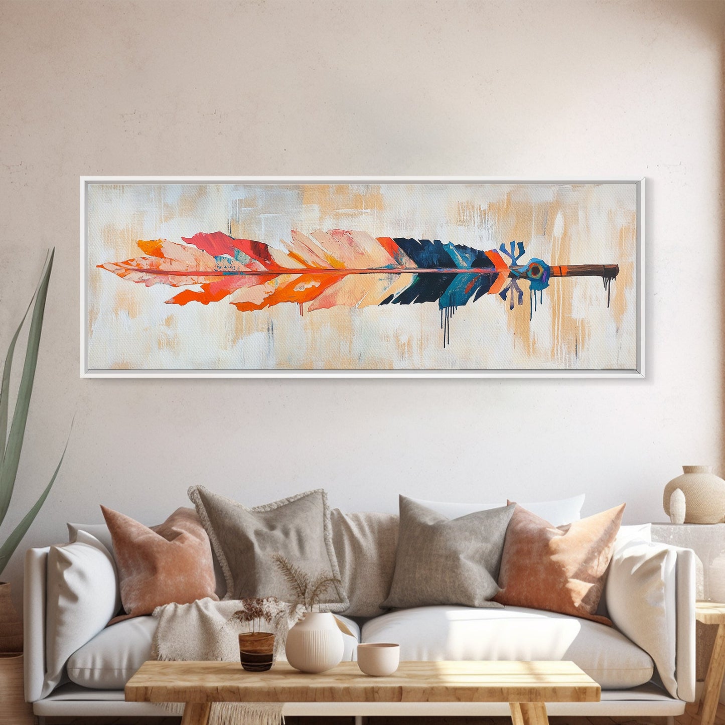 Colorful feather, native art, southwestern decor, rustic wall art, boho art, framed canvas print, extra wide art, tribal painting