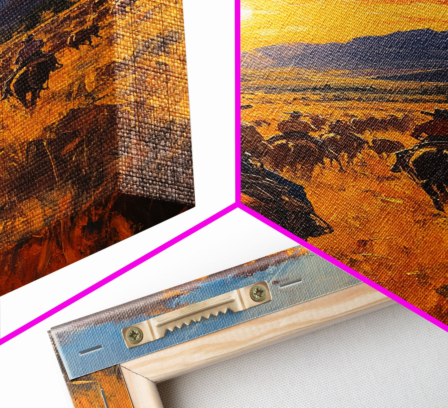 Cowboy Riders at Dusk Framed Canvas Print, Warm Sunset Western Scene with Riders on the Plains, Fall Decor Ranch Homes and Country Wall Art