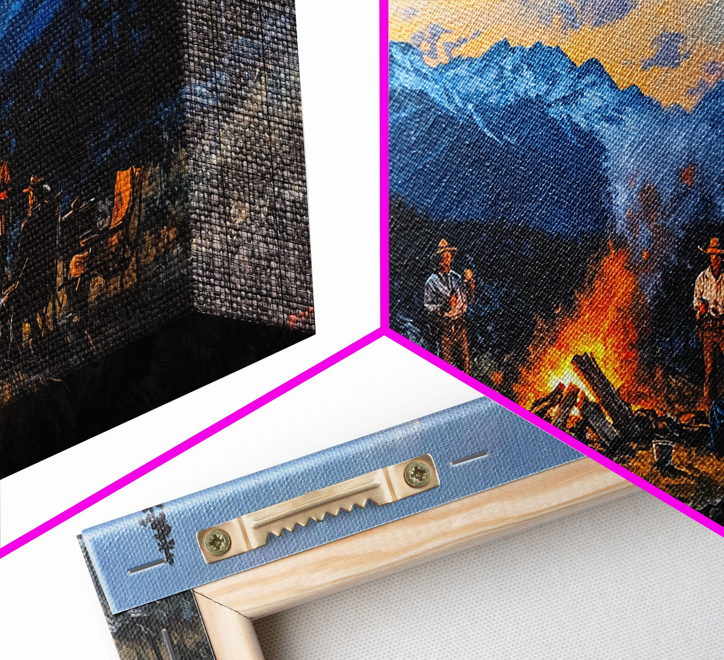 Framed Canvas Print Western Cowboys Campfire Evening Art Landscape Rustic Winter Mountain Home Decor Extra Large Wall Art Gift